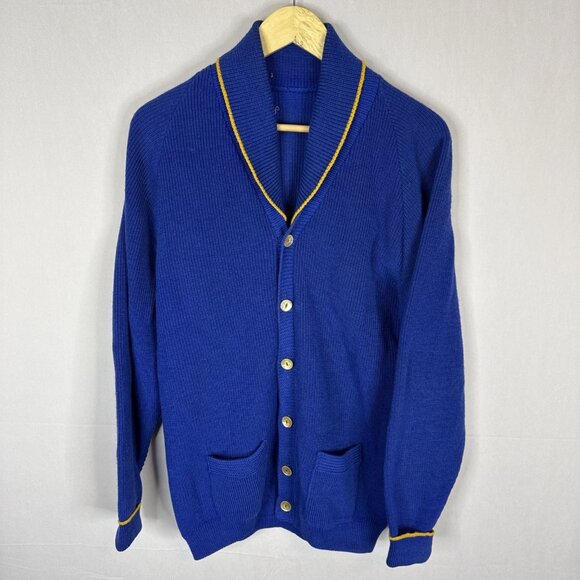 Vintage 1960s Royal Blue Shawl Collar Cardigan Yellow Trim Men M Curling Preppy - Picture 1 of 7